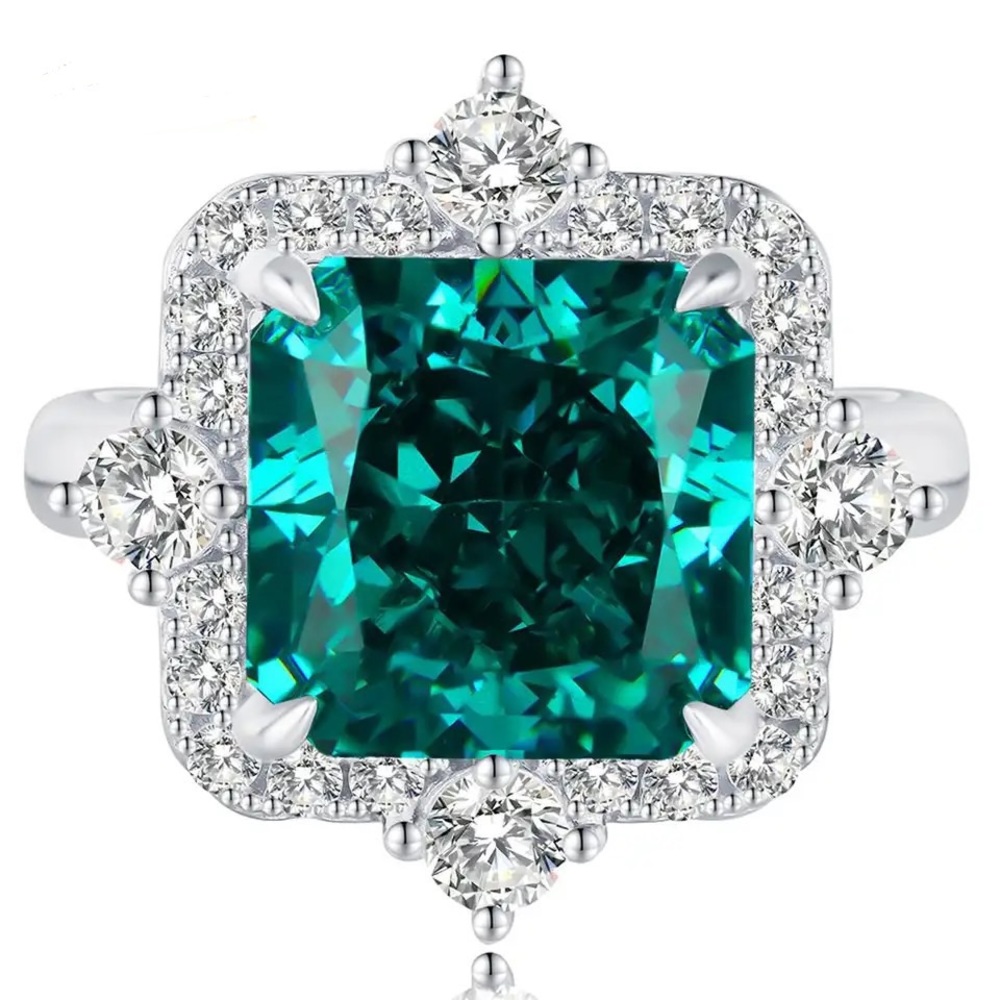 Sterling Silver Emerald-Cut Teal Halo Cocktail Ring